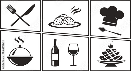 Six black and white graphic icons depicting food and dining elements fork knife