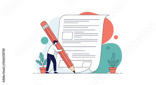 Detailed analysis of student work by a creative writer using a large pencil on a document surrounded by abstract shapes and plants