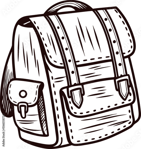 Hand drawn backpack illustration with front pocket and buckle closure in vintage engraved