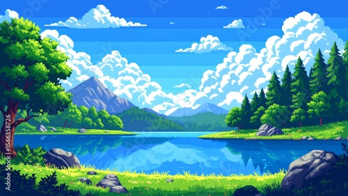 レトロゲームの湖のイメージ 背景素材 16:9サイズ AI生成素材