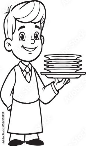 Cartoon Boys in Uniform Line Art – Waiter and Architect Character Set for Coloring, Kids Occupation Theme, Career Education, Fun Learning Job Illustration