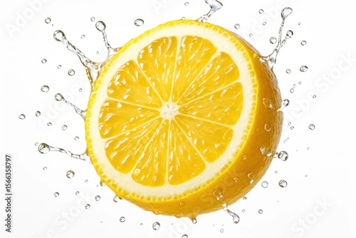 Freshly squeezed lemon slice with water droplets in motion on a white background