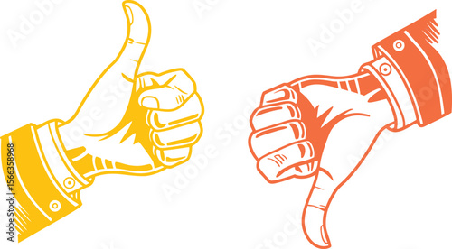 Yellow thumbs up and orange thumbs down hands with white outlines on white background