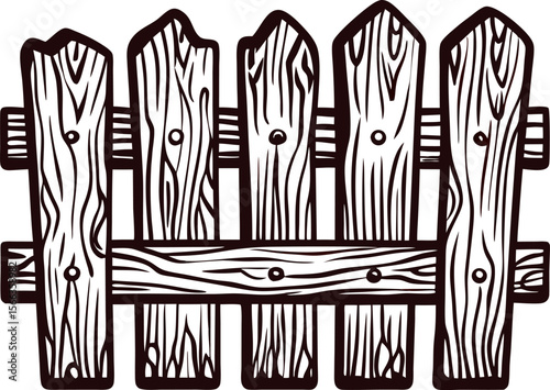 Hand drawn wooden plank fence rustic vertical slats isolated on white background vintage engraved illustration