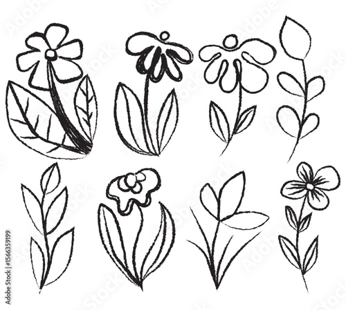 Set of black doodle-style flower illustrations. Minimalist and playful floral sketches perfect for stickers, DIY crafts, notebooks, wall art, or digital design.