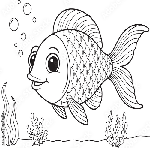 Cute Cartoon Fish Line Art – Smiling Ocean Animal Coloring Page for Kids, Underwater Marine Life Illustration, Sea Creature Fun Drawing for Learning & Art

