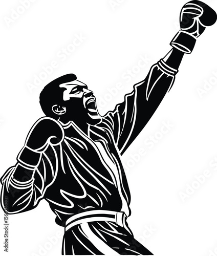 boxer raising both fists up black silhouette vector