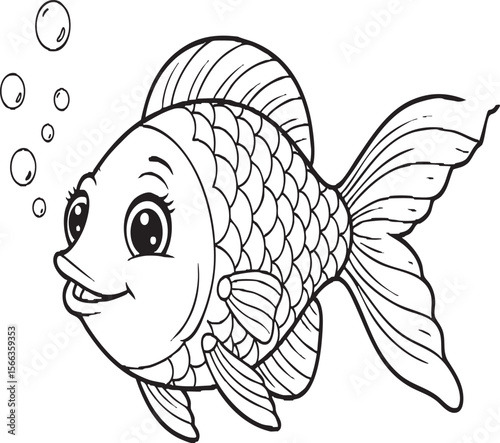 Cute Cartoon Fish Line Art – Smiling Ocean Animal Coloring Page for Kids, Underwater Marine Life Illustration, Sea Creature Fun Drawing for Learning & Art

