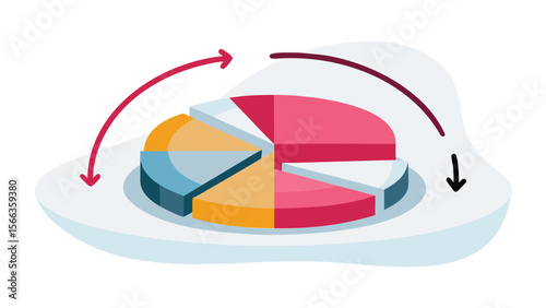 Colorful pie chart with arrow indicators showing rotation on a light blue and white platform base