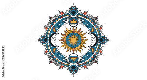 Celestial sun and moon mandala with ornate decorative elements and crown symbols representing cosmic balance and enlightenment