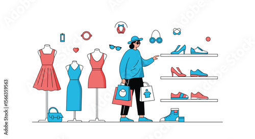 Exploring a fashion boutique discovering new apparel and footwear styles with a shopper selecting items
