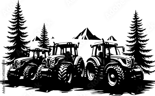 Tractor Convoy Silhouette with Forest Background vector bundle