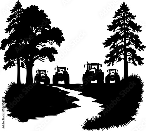 Tractor Convoy Silhouette with Forest Background vector bundle