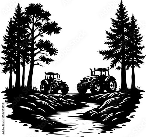 Tractor Convoy Silhouette with Forest Background vector bundle