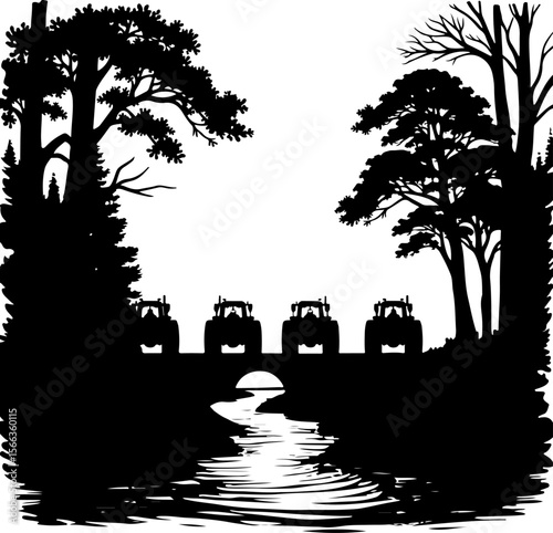 Tractor Convoy Silhouette with Forest Background vector bundle