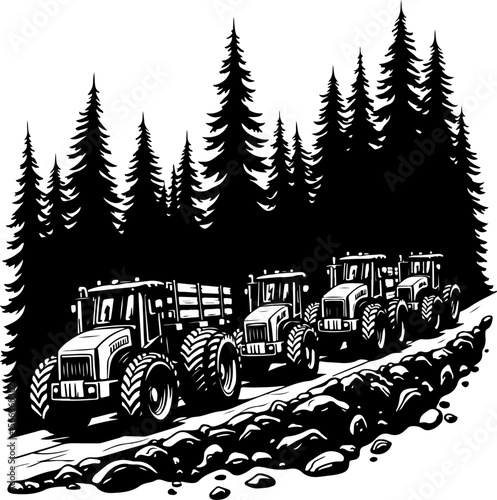 Tractor Convoy Silhouette with Forest Background vector bundle