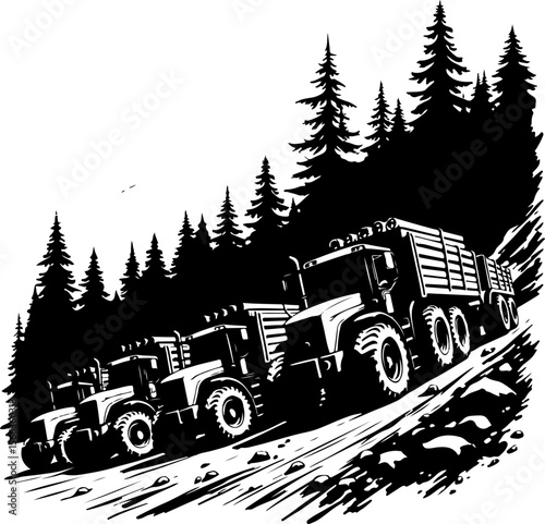Tractor Convoy Silhouette with Forest Background vector bundle