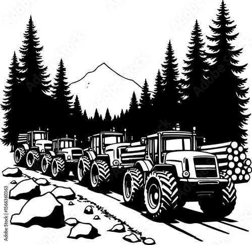 Tractor Convoy Silhouette with Forest Background vector bundle