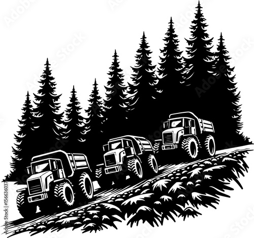 Tractor Convoy Silhouette with Forest Background vector bundle