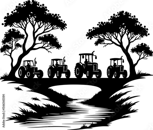 Tractor Convoy Silhouette with Forest Background vector bundle
