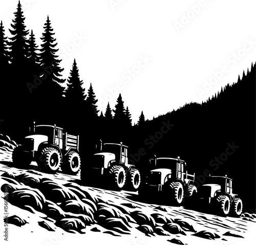 Tractor Convoy Silhouette with Forest Background vector bundle