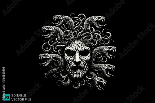 Medusa head skull dark art scary creepy style tattoo illustration vector black and white background templates