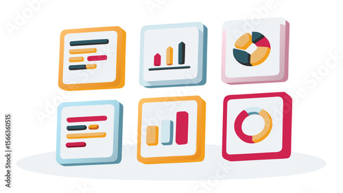 Isometric representation of data visualization icons including bar charts and pie charts displayed