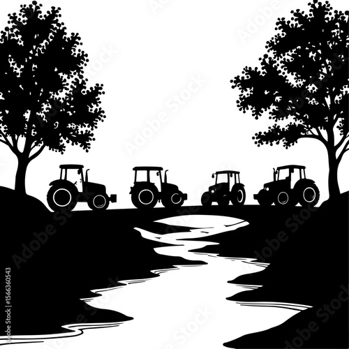 Tractor Convoy Silhouette with Forest Background vector bundle