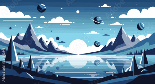 A serene pixel art landscape featuring a tranquil lake reflecting mountains and planets under a cloudy sky