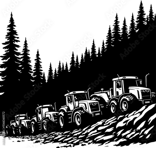 Tractor Convoy Silhouette with Forest Background vector bundle