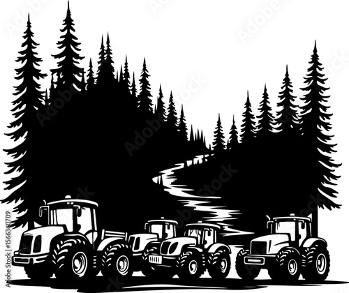 Tractor Convoy Silhouette with Forest Background vector bundle