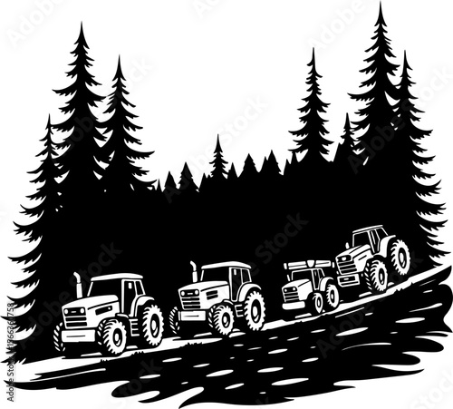 Tractor Convoy Silhouette with Forest Background vector bundle