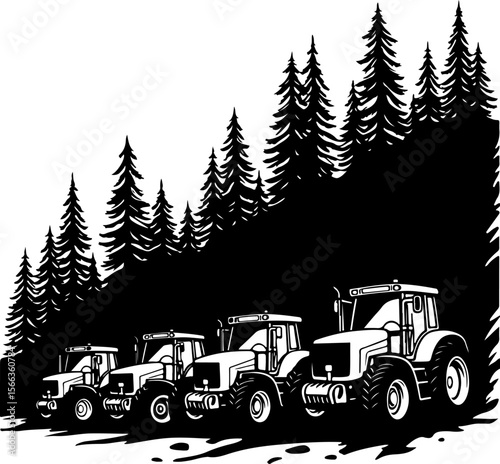 Tractor Convoy Silhouette with Forest Background vector bundle
