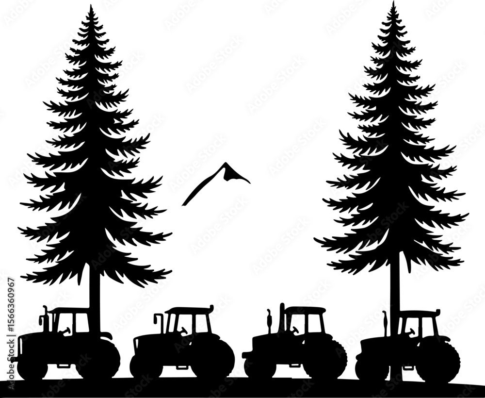 Fototapeta premium Tractor Convoy Silhouette with Forest Background vector bundle