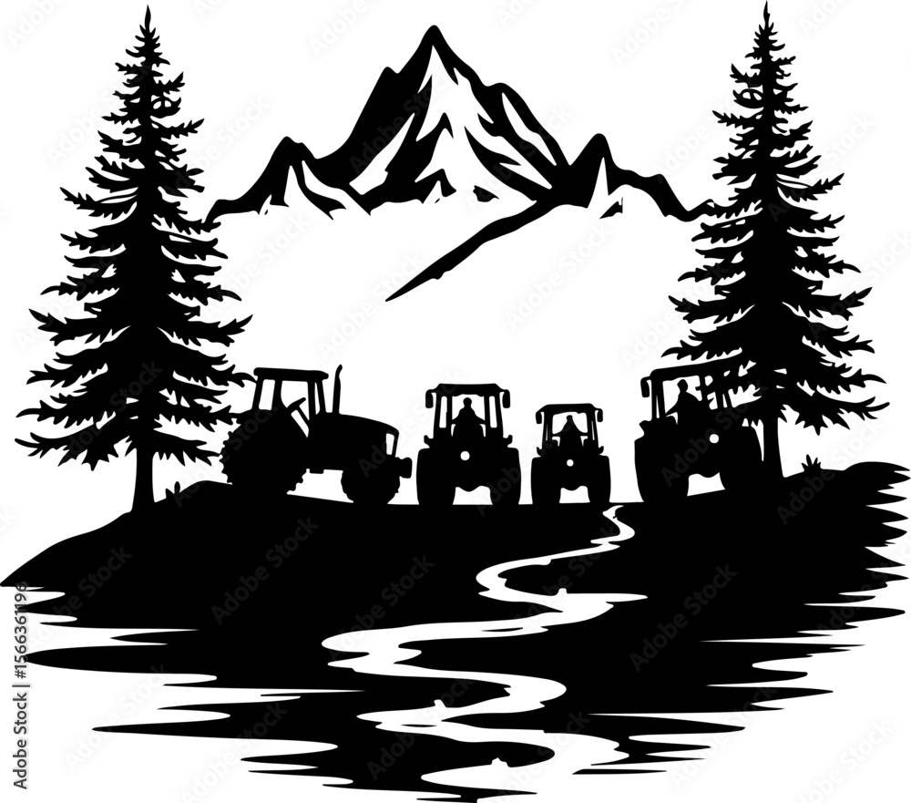 Fototapeta premium Tractor Convoy Silhouette with Forest Background vector bundle