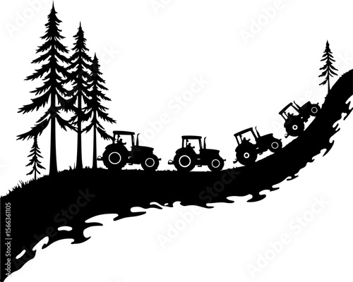 Tractor Convoy Silhouette with Forest Background vector bundle