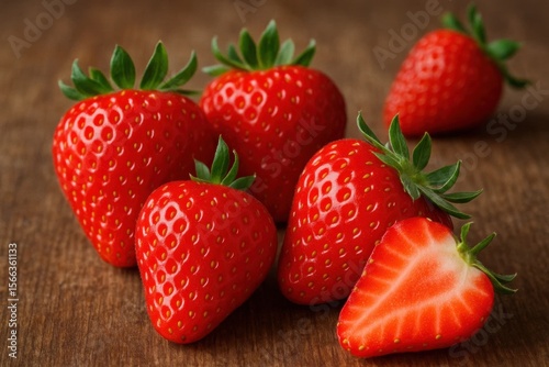 Wallpaper Mural Freshly picked strawberries on a wooden table, showcasing their vibrant red color and green leaves Torontodigital.ca
