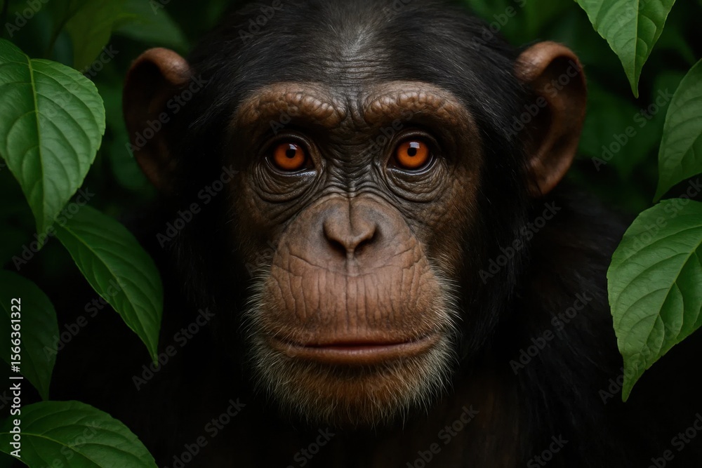 Amidst the verdant embrace of nature, a chimpanzee gazes with an enigmatic intensity, its eyes reflecting the mysteries of the wild Amidst the verdant embrace of nature, a chimpanzee gazes with an enigmatic intensity, its eyes reflecting the mysteries of the wild