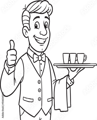 Smiling Cartoon Waiter Holding Tray Line Art – Restaurant Staff Character Illustration, Hospitality Theme, Coloring Page, Service Icon for Kids & Design


