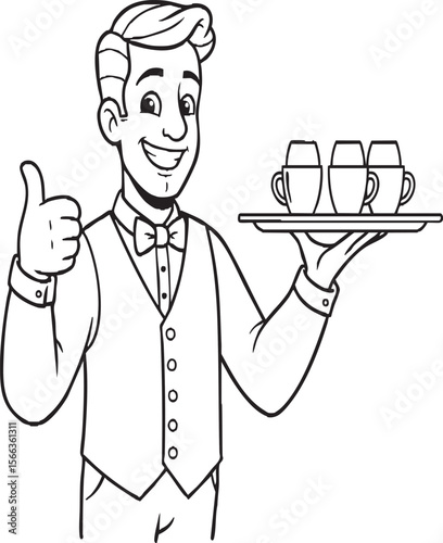Smiling Cartoon Waiter Holding Tray Line Art – Restaurant Staff Character Illustration, Hospitality Theme, Coloring Page, Service Icon for Kids & Design

