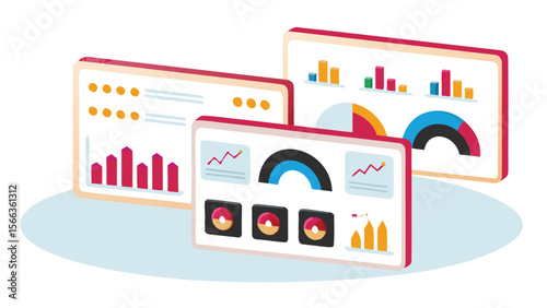 Three screens displaying various charts and graphs for data analysis and visualization purposes here