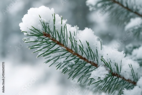 A pine branch adorned with fresh snow, capturing the serene beauty of a snowy landscape