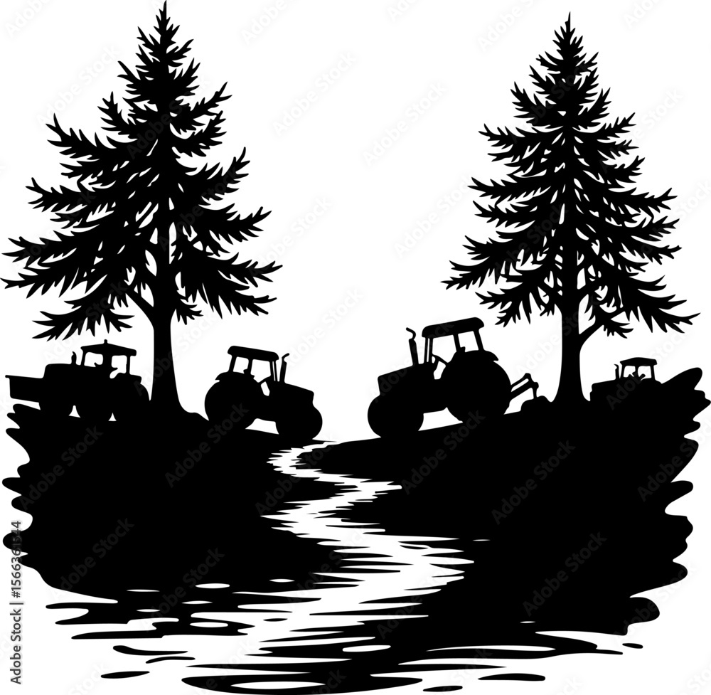 Fototapeta premium Tractor Convoy Silhouette with Forest Background vector bundle