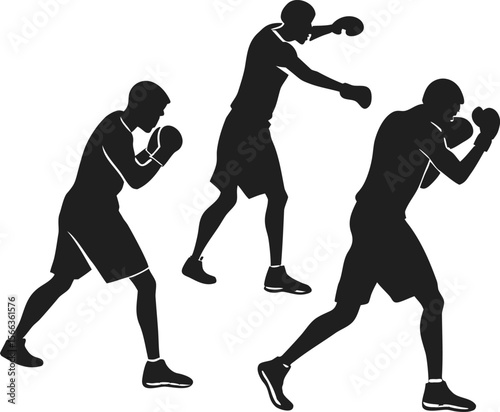 three boxers shadowboxing together black silhouette