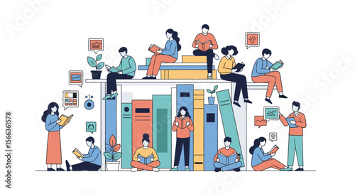 Diverse group of people engaged in reading and learning surrounded by books and educational items symbolizing knowledge and personal growth