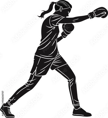 young female boxer shadowboxing black silhouette