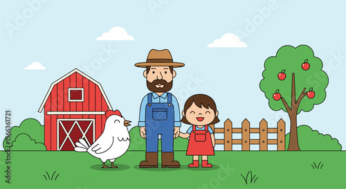 A wonderful day on the family farm with father and daughter enjoying the countryside life and the gentle farm animals