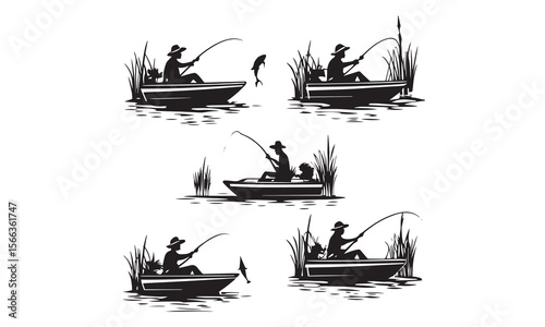 Traditional Fishing Boat Silhouettes Fishermen with Catch Vector