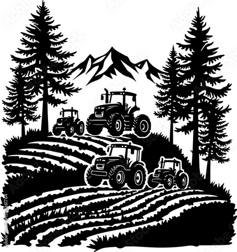 Tractor Convoy Silhouette with Forest Background