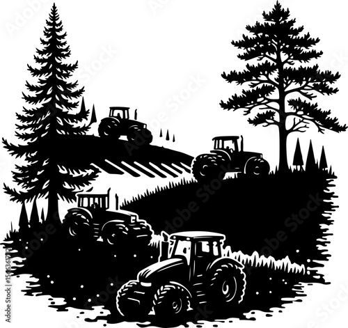 Tractor Convoy Silhouette with Forest Background
